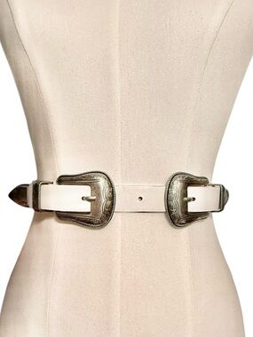 BKE Western Double Buckle Belt Nickel Free Engraved White & Silver Small